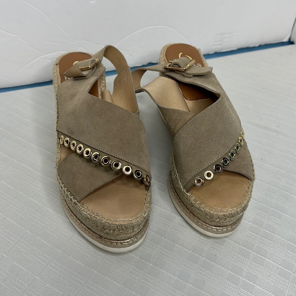 Kanna taupe leather crisscross grommet lined wedge Espriella sandals